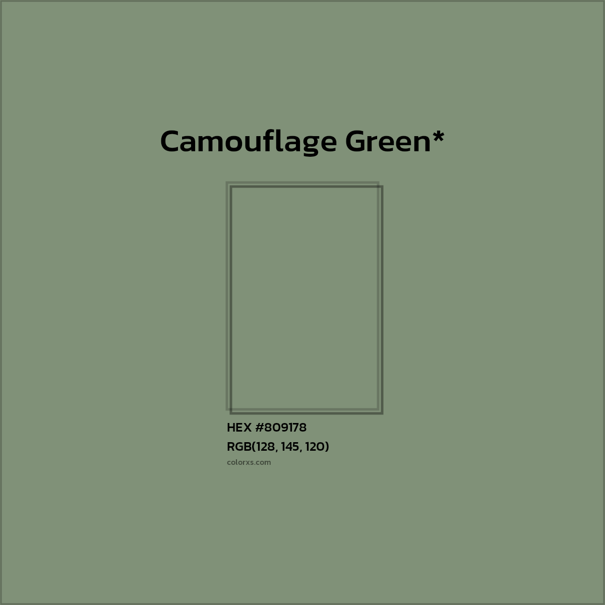 #809178 hex color. RGB, RYB, CMYK, HSL, HSV codes and color conversions. Matching color names, palettes, paints.