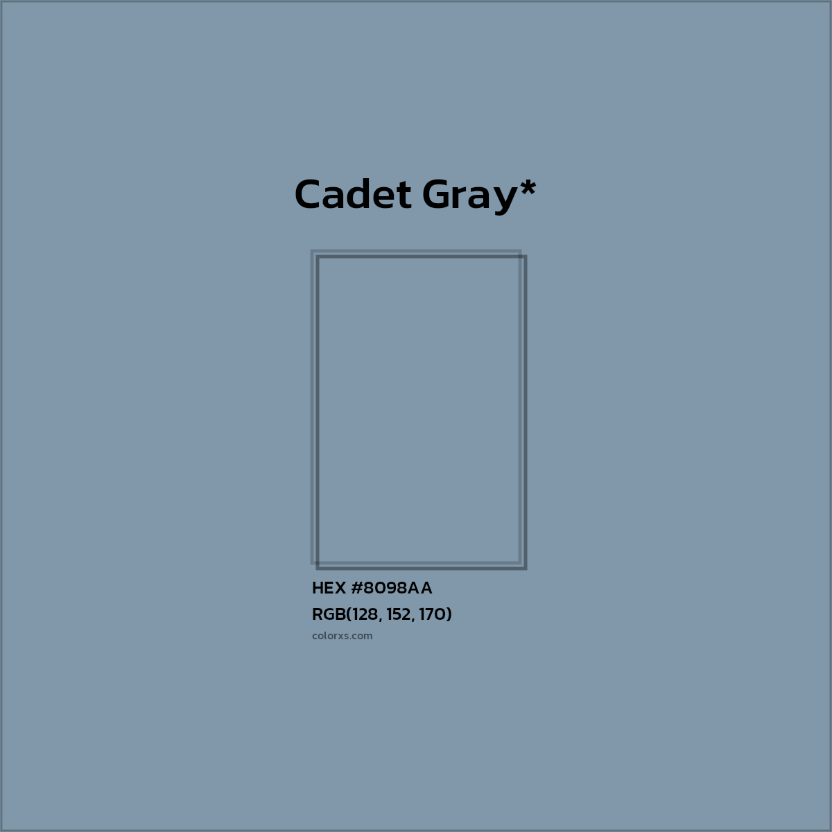 #8098AA hex color. RGB, RYB, CMYK, HSL, HSV codes and color conversions. Matching color names, palettes, paints.