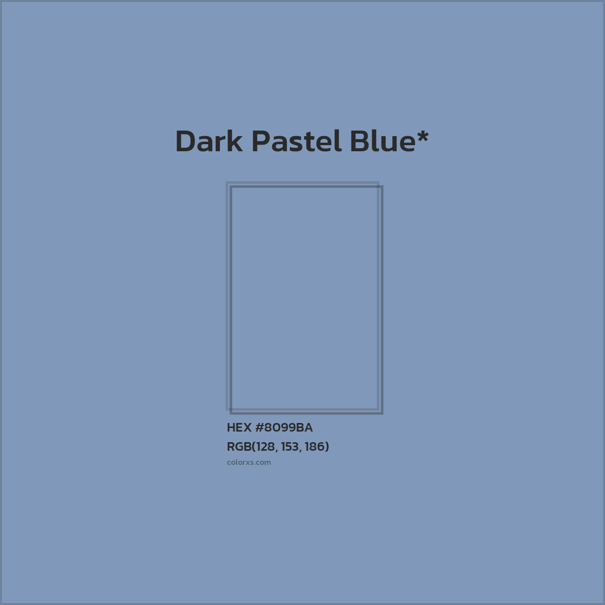 #8099BA hex color. RGB, RYB, CMYK, HSL, HSV codes and color conversions. Matching color names, palettes, paints.
