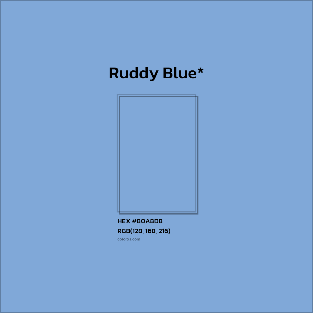 #80A8D8 hex color. RGB, RYB, CMYK, HSL, HSV codes and color conversions. Matching color names, palettes, paints.