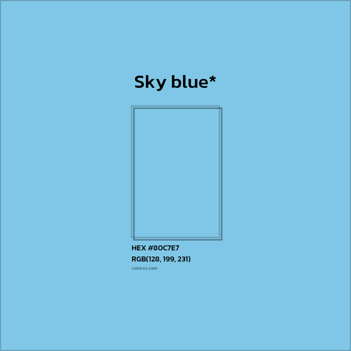 #80C7E7 hex color. RGB, RYB, CMYK, HSL, HSV codes and color conversions. Matching color names, palettes, paints.