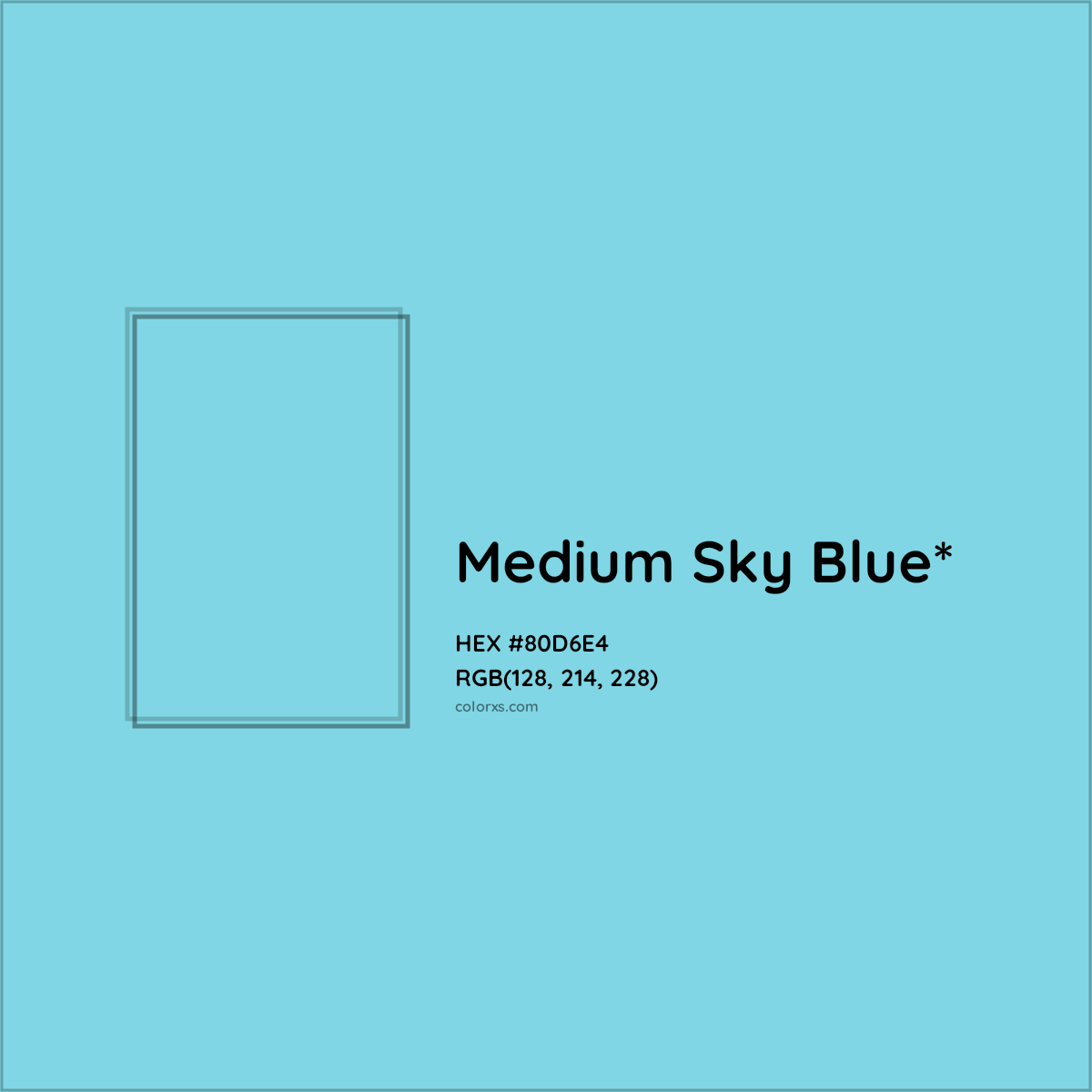 #80D6E4 hex color. RGB, RYB, CMYK, HSL, HSV codes and color conversions. Matching color names, palettes, paints.