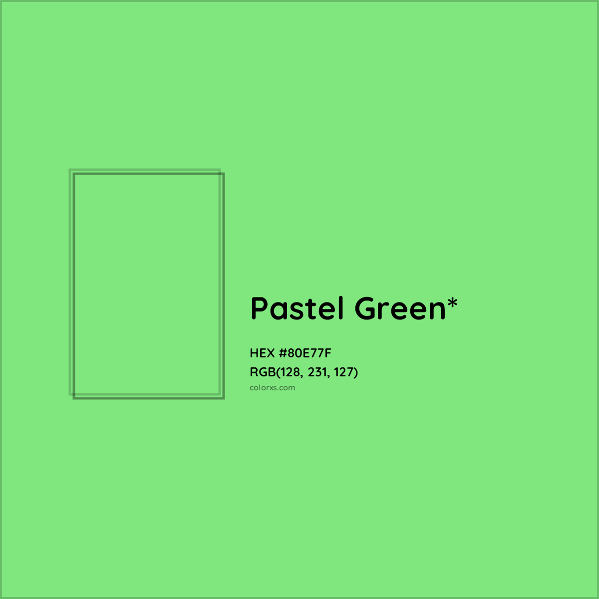 #80E77F hex color. RGB, RYB, CMYK, HSL, HSV codes and color conversions. Matching color names, palettes, paints.