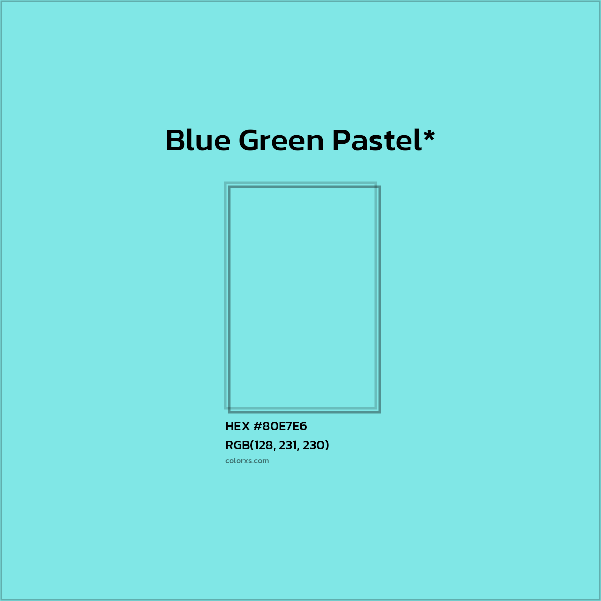 #80E7E6 hex color. RGB, RYB, CMYK, HSL, HSV codes and color conversions. Matching color names, palettes, paints.