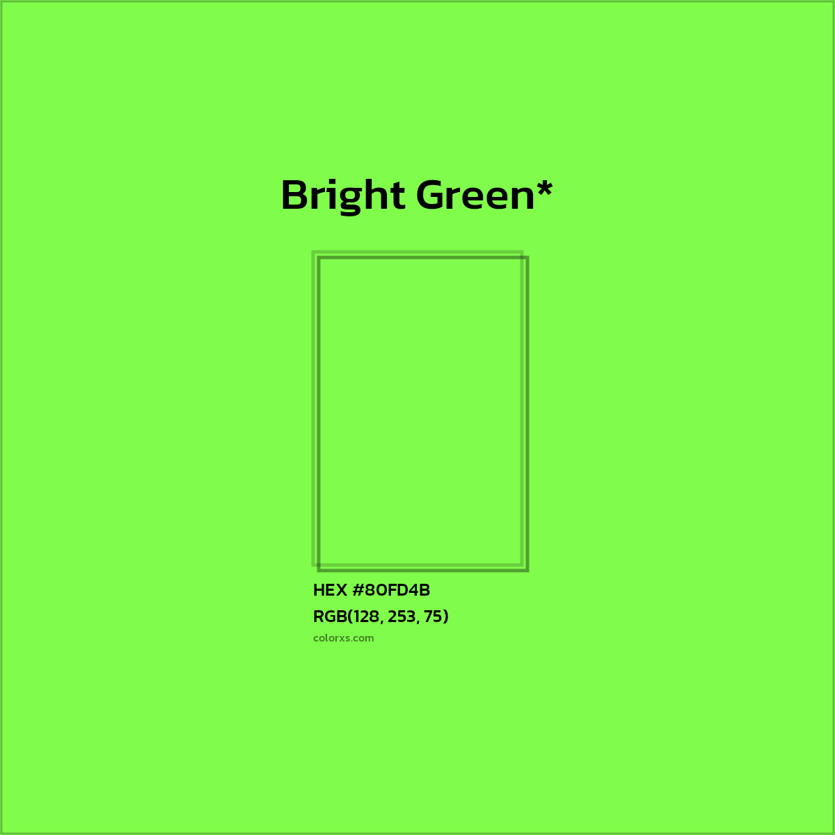 #80FD4B hex color. RGB, RYB, CMYK, HSL, HSV codes and color conversions. Matching color names, palettes, paints.