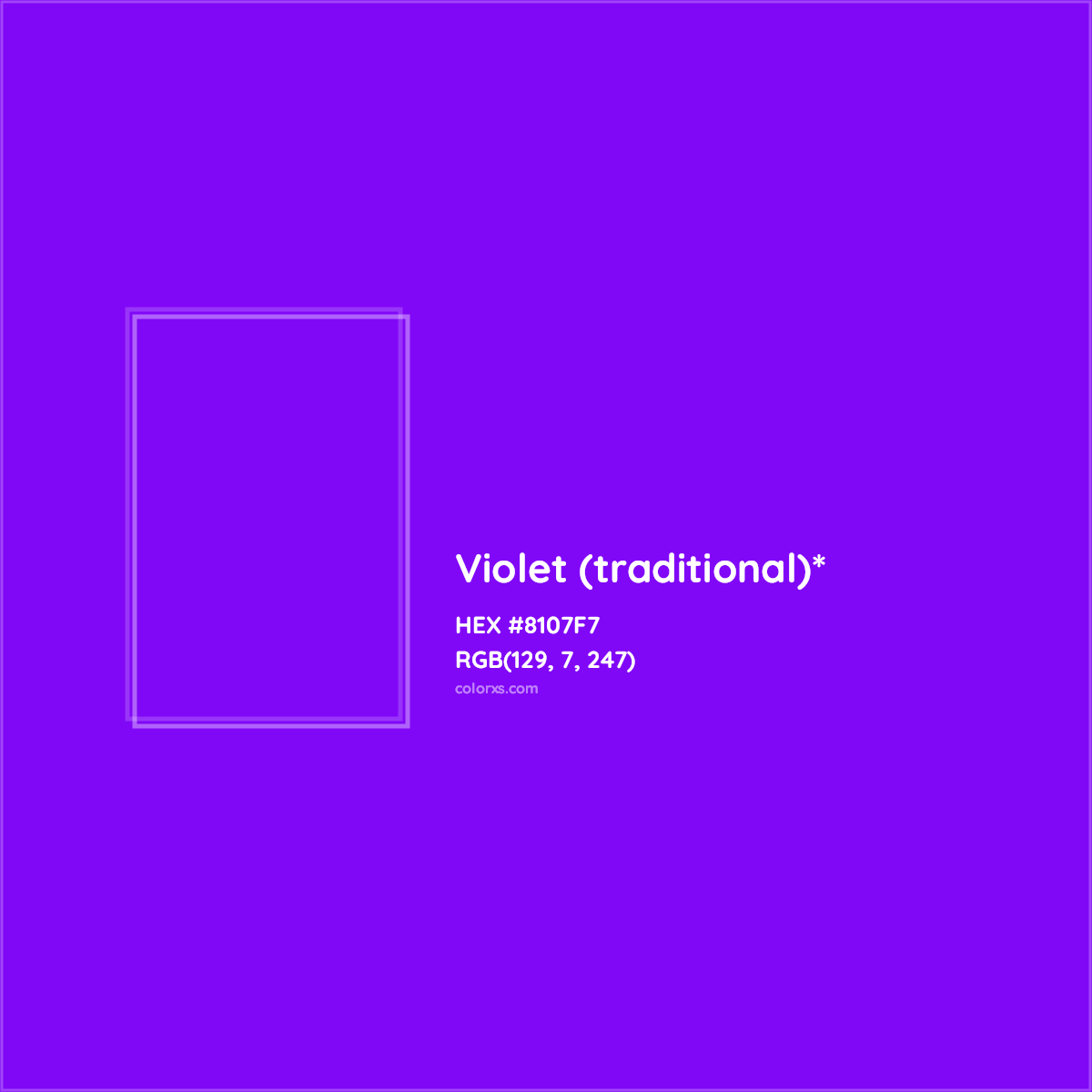 #8107F7 hex color. RGB, RYB, CMYK, HSL, HSV codes and color conversions. Matching color names, palettes, paints.