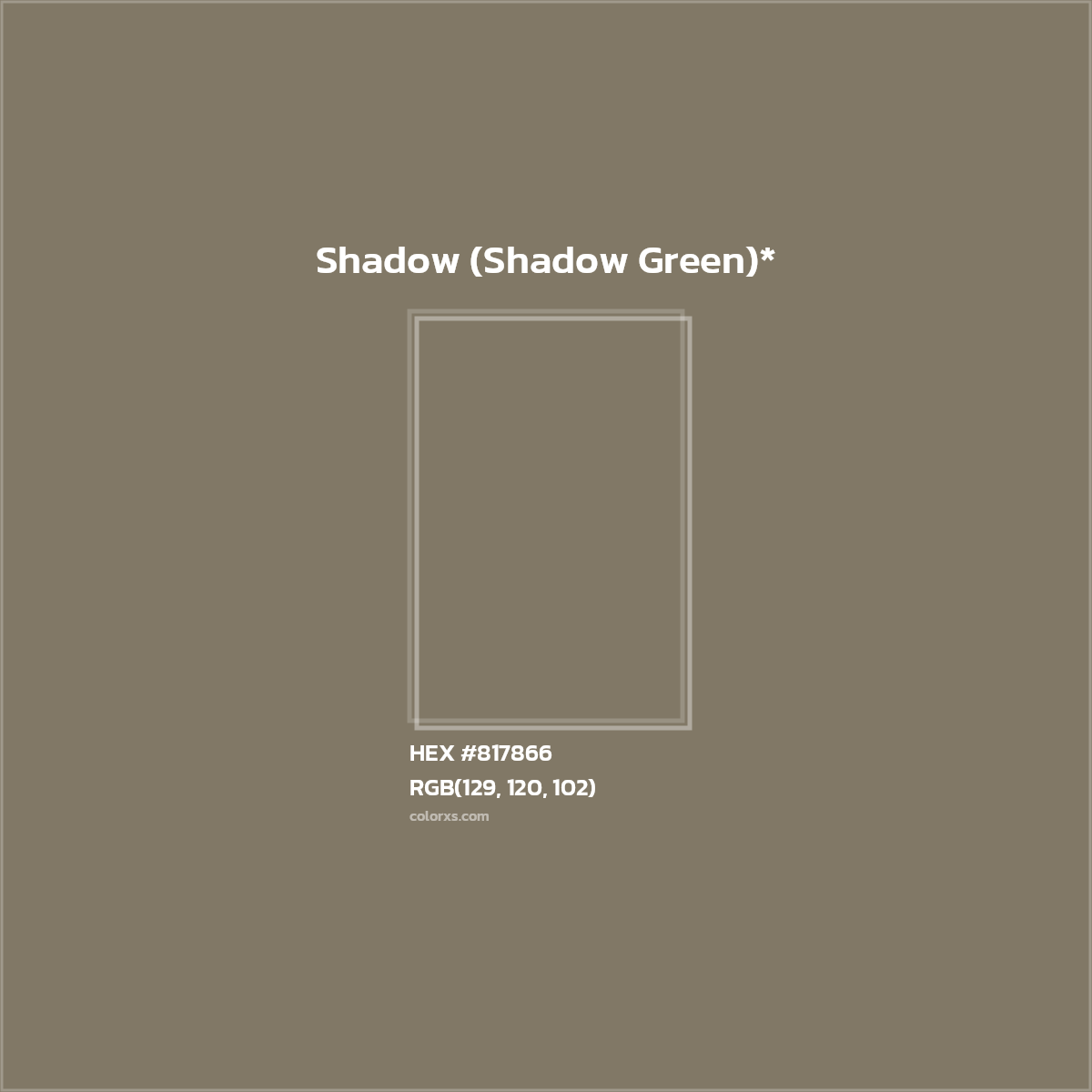 #817866 hex color. RGB, RYB, CMYK, HSL, HSV codes and color conversions. Matching color names, palettes, paints.