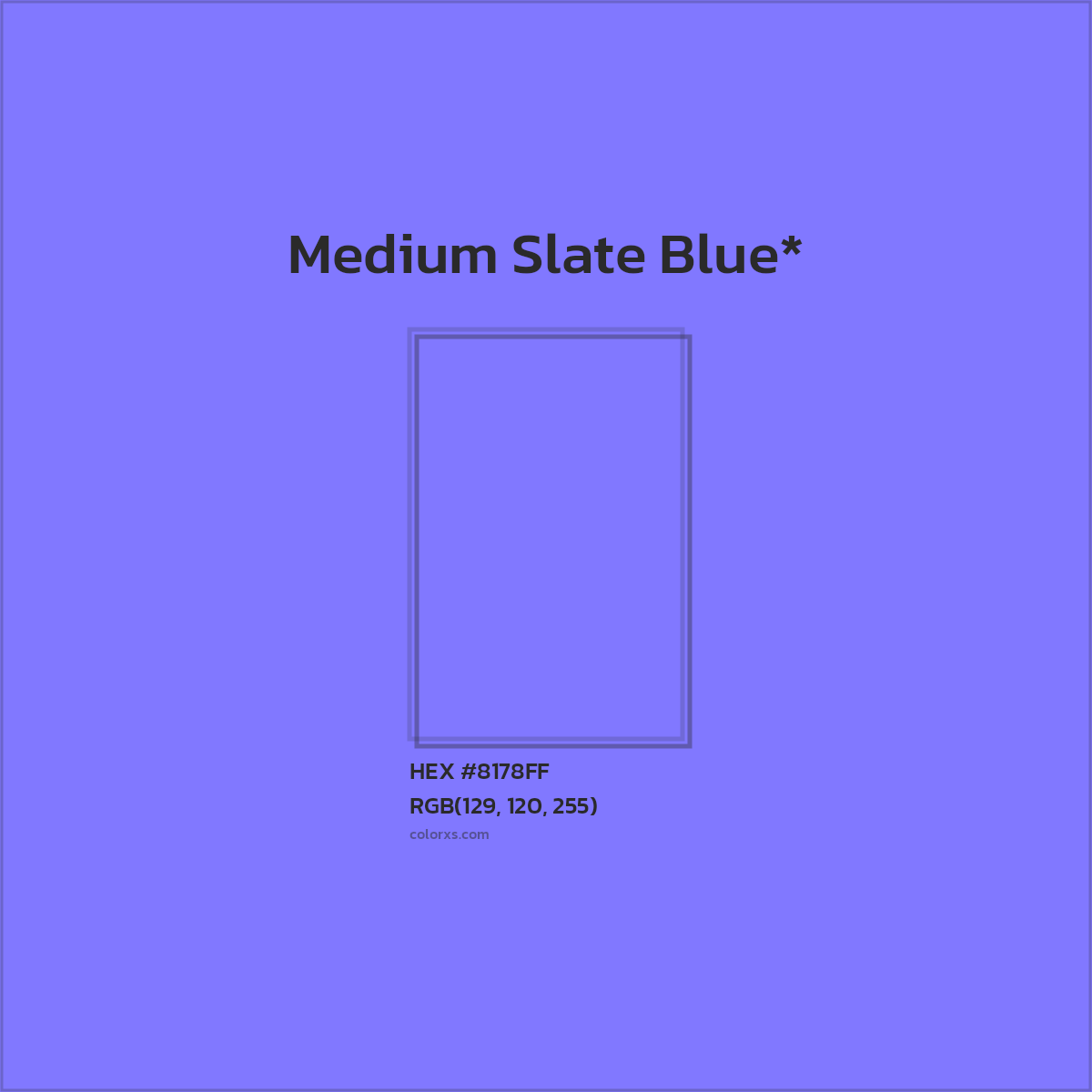 #8178FF hex color. RGB, RYB, CMYK, HSL, HSV codes and color conversions. Matching color names, palettes, paints.