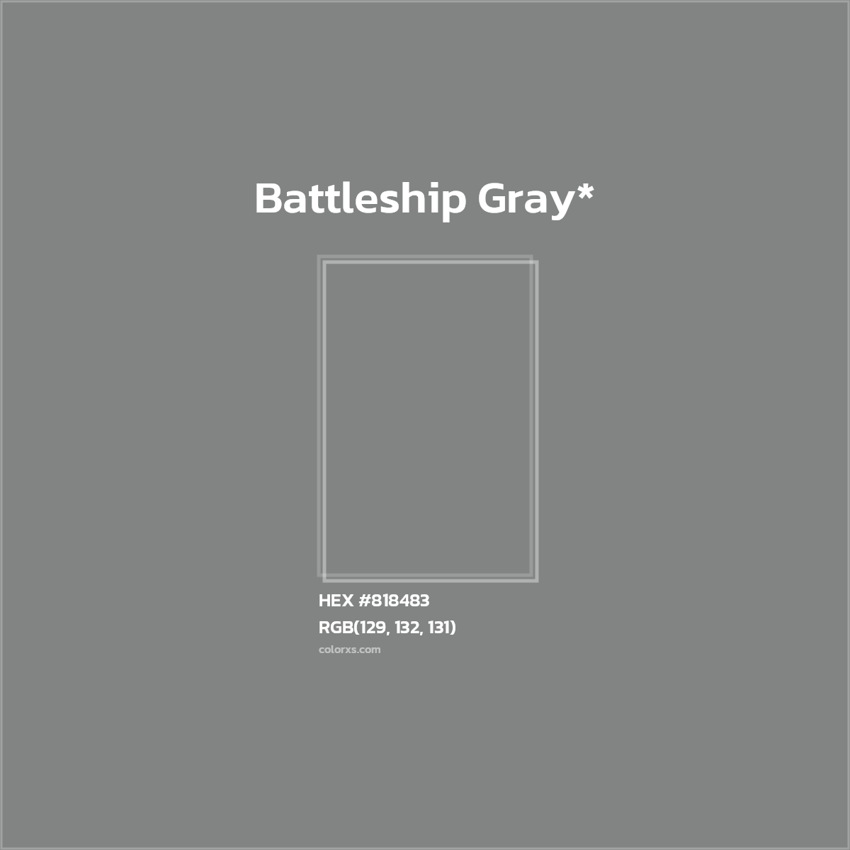 #818483 hex color. RGB, RYB, CMYK, HSL, HSV codes and color conversions. Matching color names, palettes, paints.