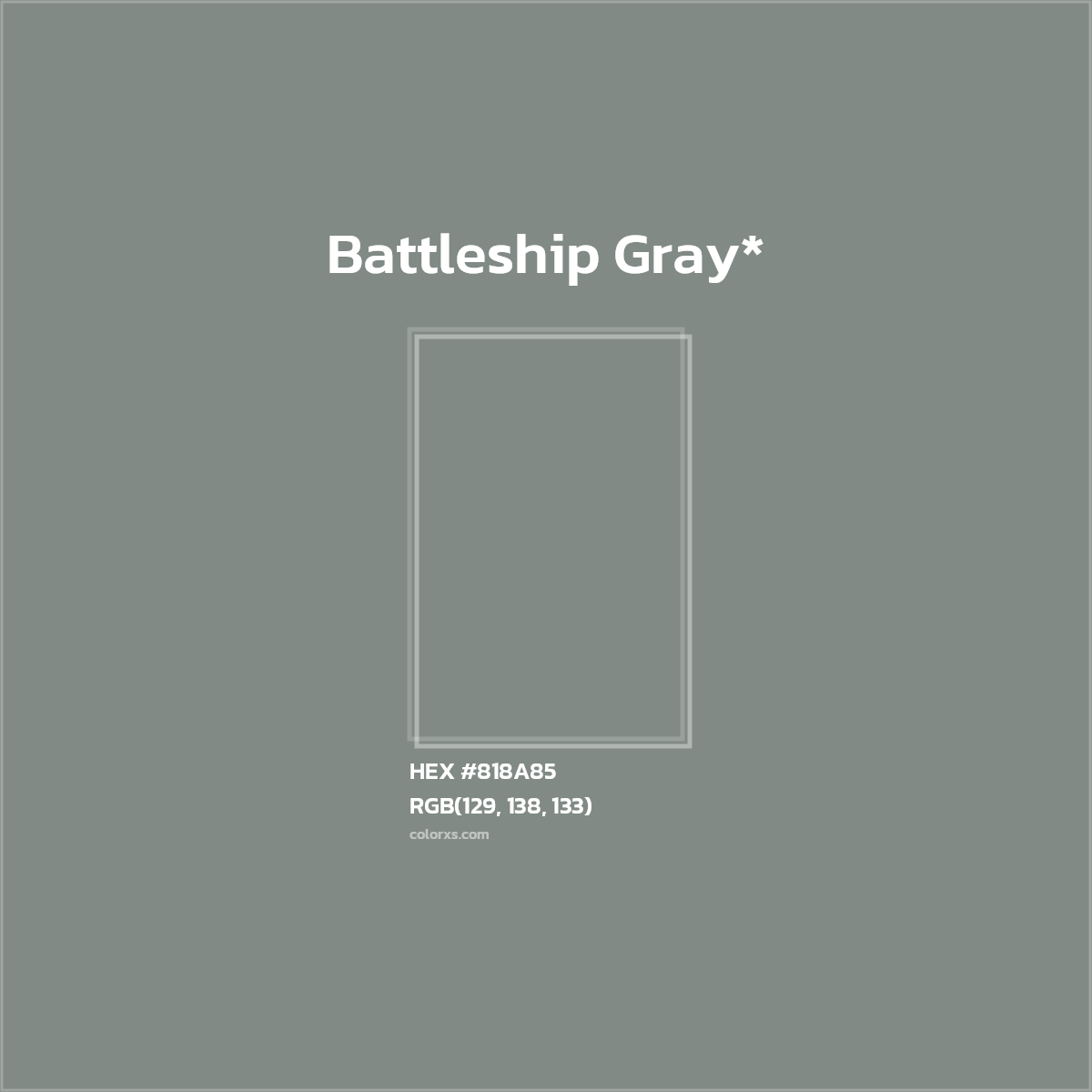 #818A85 hex color. RGB, RYB, CMYK, HSL, HSV codes and color conversions. Matching color names, palettes, paints.