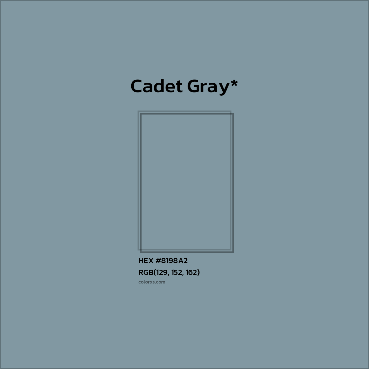 #8198A2 hex color. RGB, RYB, CMYK, HSL, HSV codes and color conversions. Matching color names, palettes, paints.