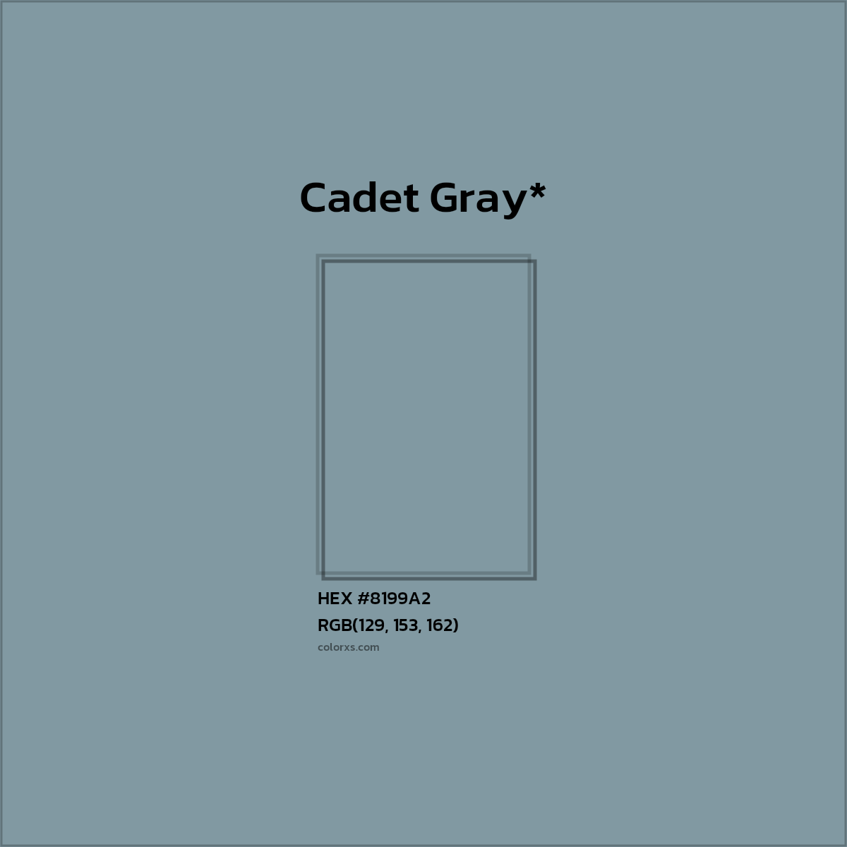 #8199A2 hex color. RGB, RYB, CMYK, HSL, HSV codes and color conversions. Matching color names, palettes, paints.
