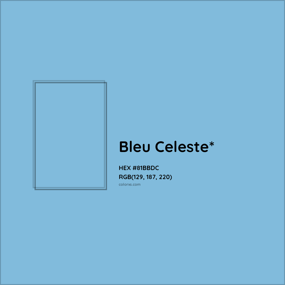 #81BBDC hex color. RGB, RYB, CMYK, HSL, HSV codes and color conversions. Matching color names, palettes, paints.