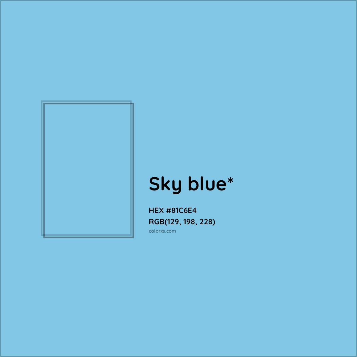 #81C6E4 hex color. RGB, RYB, CMYK, HSL, HSV codes and color conversions. Matching color names, palettes, paints.