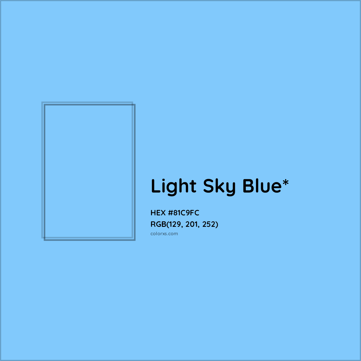 #81C9FC hex color. RGB, RYB, CMYK, HSL, HSV codes and color conversions. Matching color names, palettes, paints.