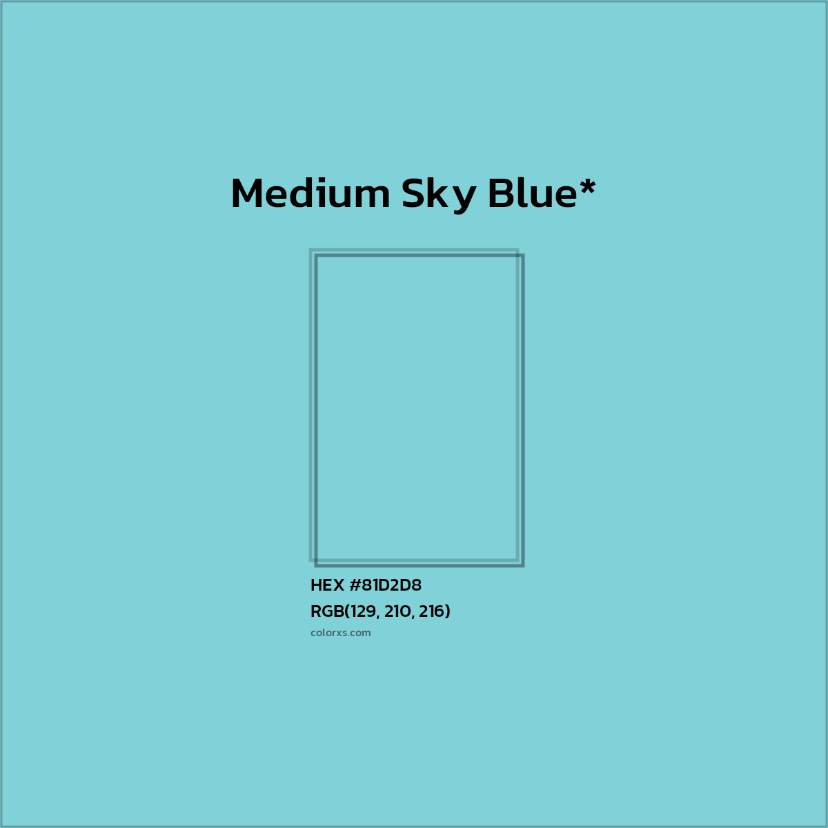 #81D2D8 hex color. RGB, RYB, CMYK, HSL, HSV codes and color conversions. Matching color names, palettes, paints.