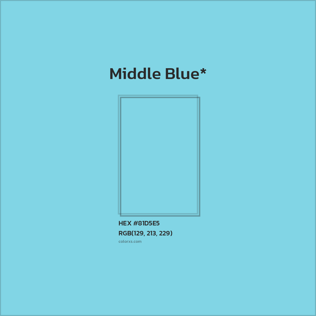 #81D5E5 hex color. RGB, RYB, CMYK, HSL, HSV codes and color conversions. Matching color names, palettes, paints.