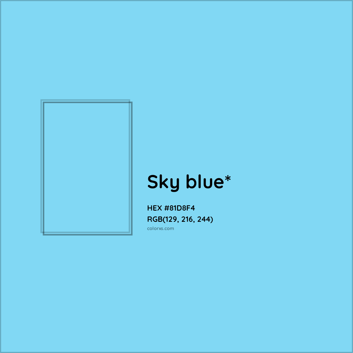 #81D8F4 hex color. RGB, RYB, CMYK, HSL, HSV codes and color conversions. Matching color names, palettes, paints.