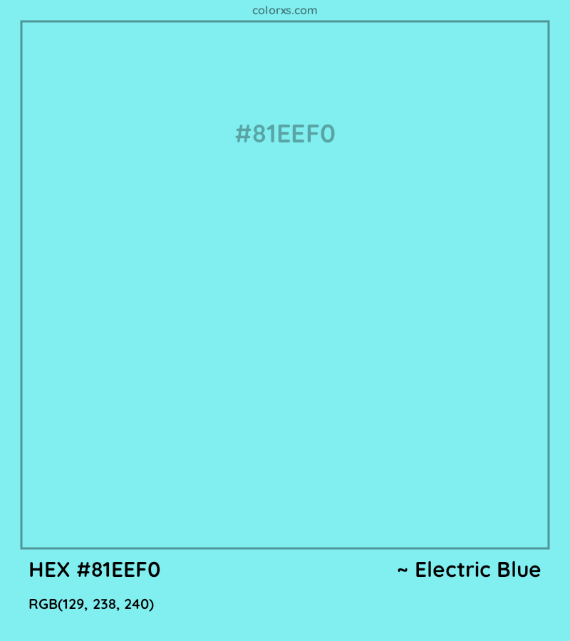 #81EEF0 hex color. RGB, RYB, CMYK, HSL, HSV codes and color conversions. Matching color names, palettes, paints.