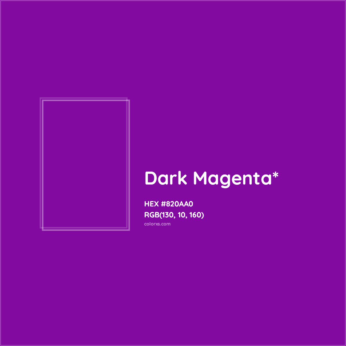 #820AA0 hex color. RGB, RYB, CMYK, HSL, HSV codes and color conversions. Matching color names, palettes, paints.