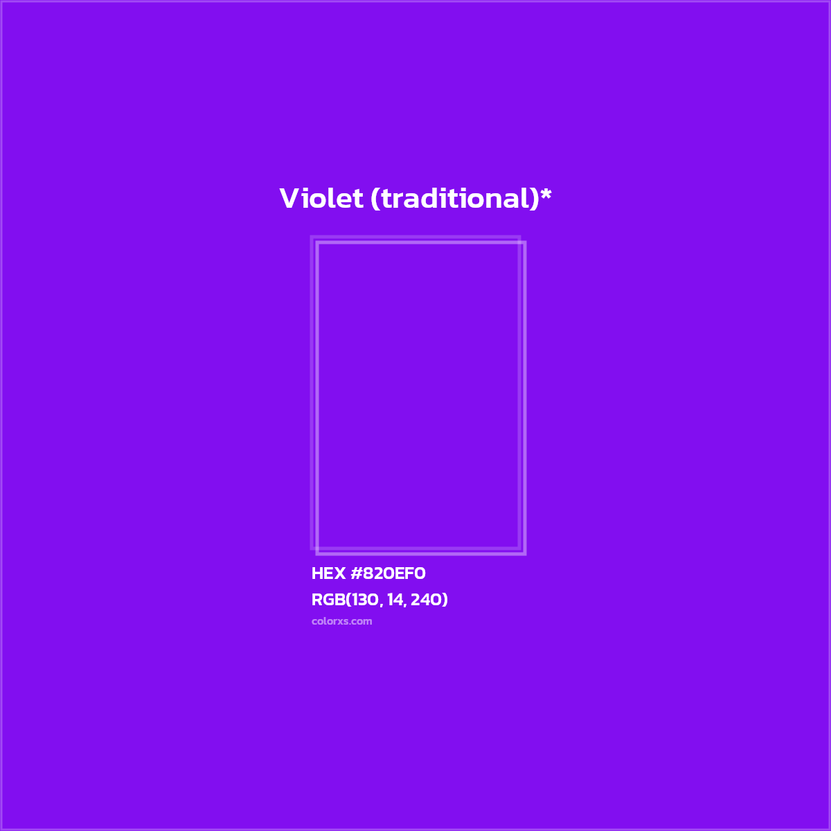 #820EF0 hex color. RGB, RYB, CMYK, HSL, HSV codes and color conversions. Matching color names, palettes, paints.
