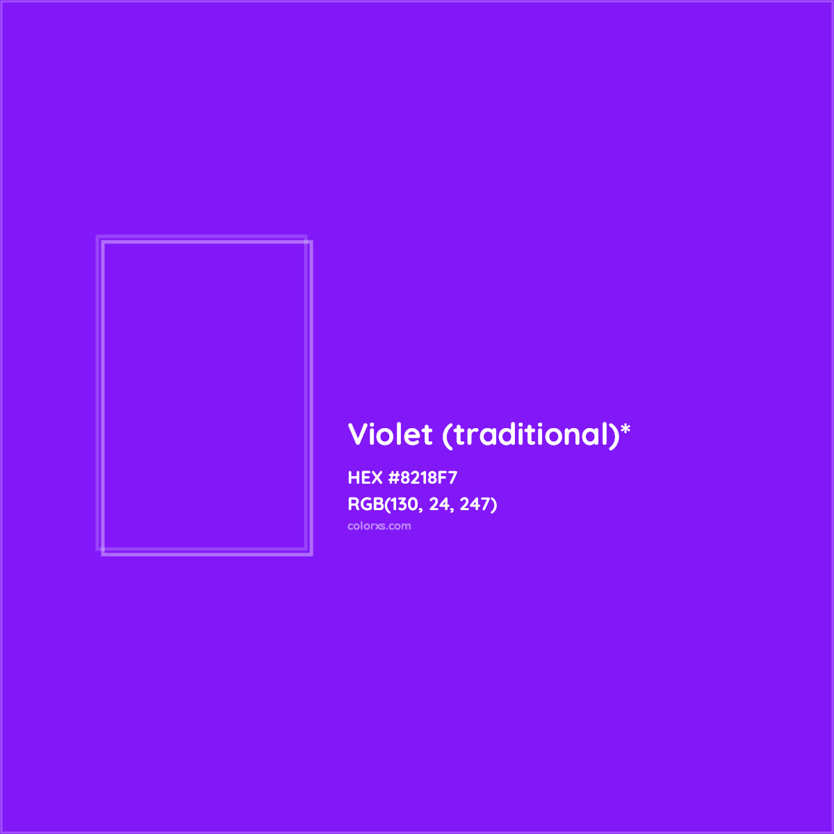 #8218F7 hex color. RGB, RYB, CMYK, HSL, HSV codes and color conversions. Matching color names, palettes, paints.