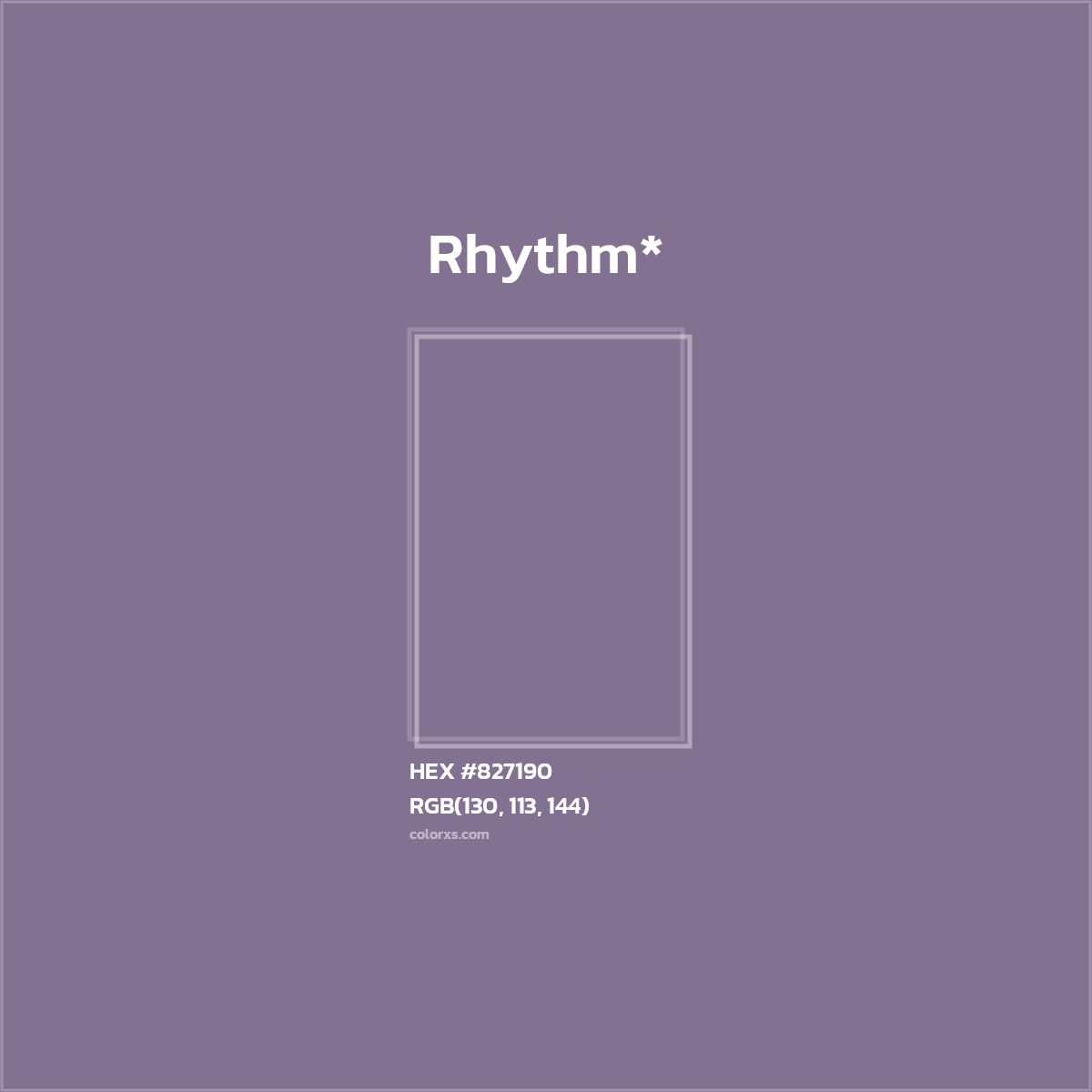 #827190 hex color. RGB, RYB, CMYK, HSL, HSV codes and color conversions. Matching color names, palettes, paints.