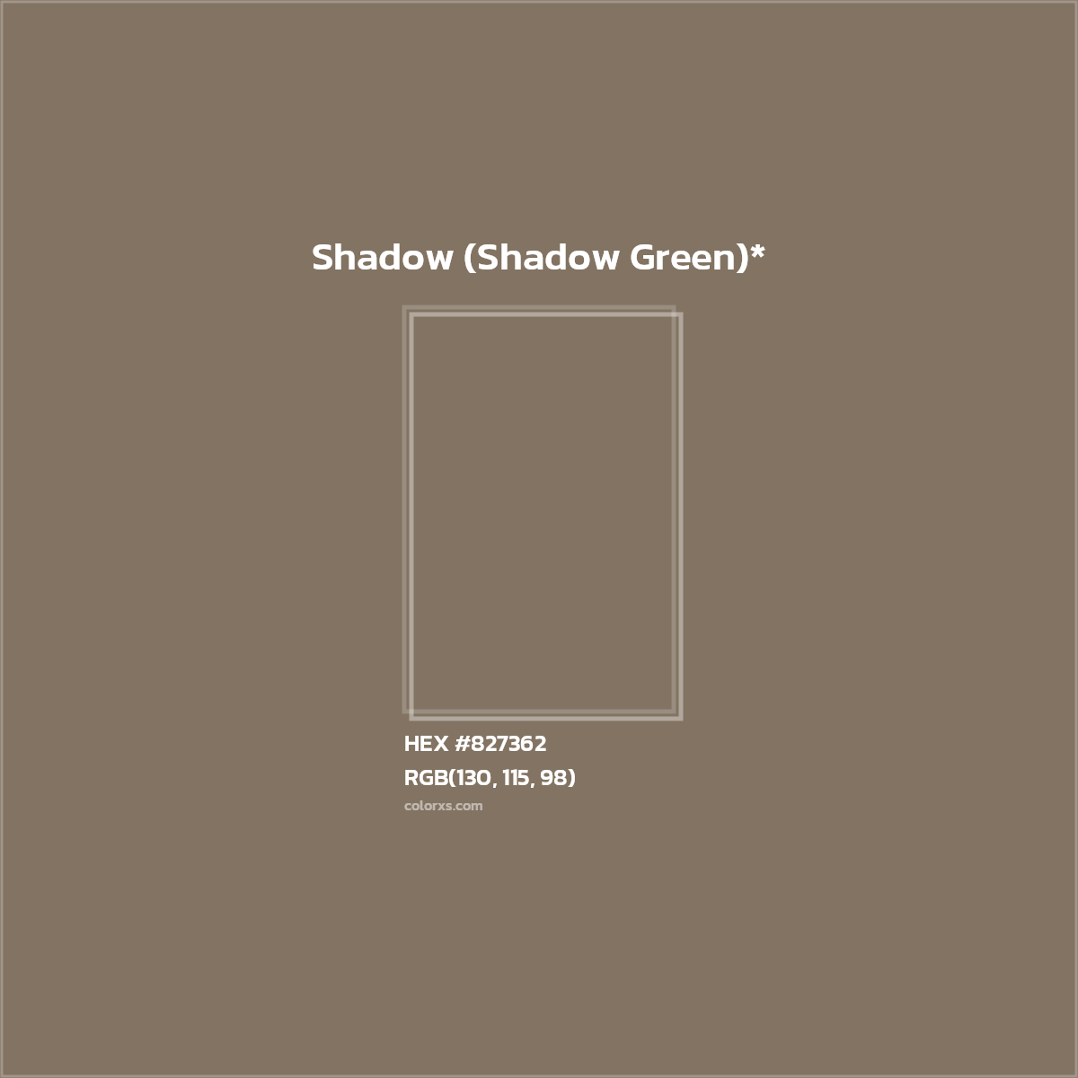#827362 hex color. RGB, RYB, CMYK, HSL, HSV codes and color conversions. Matching color names, palettes, paints.