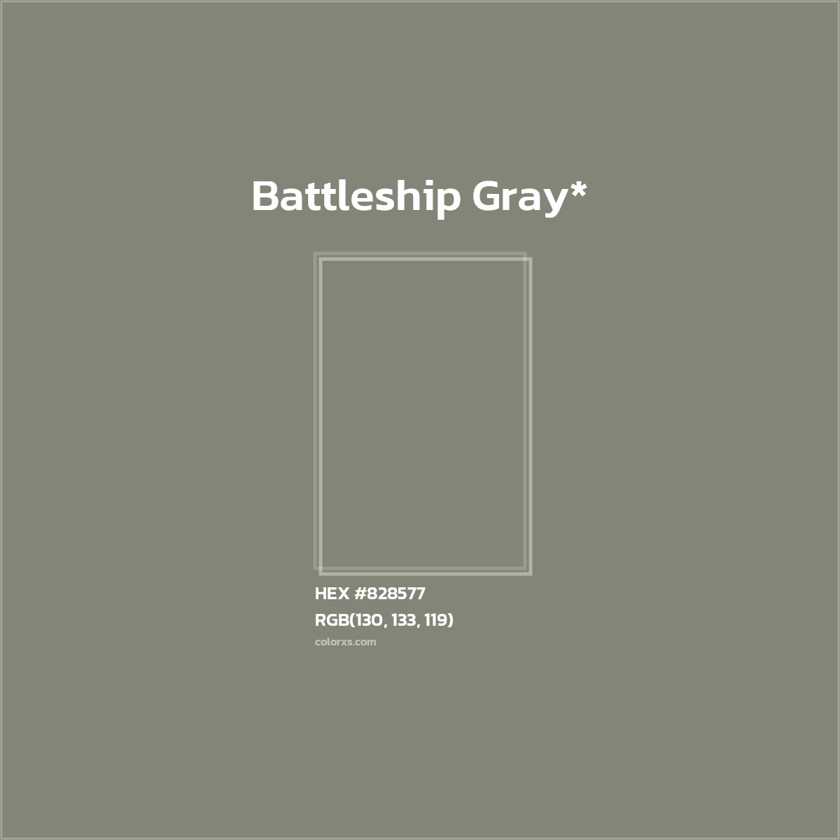 #828577 hex color. RGB, RYB, CMYK, HSL, HSV codes and color conversions. Matching color names, palettes, paints.