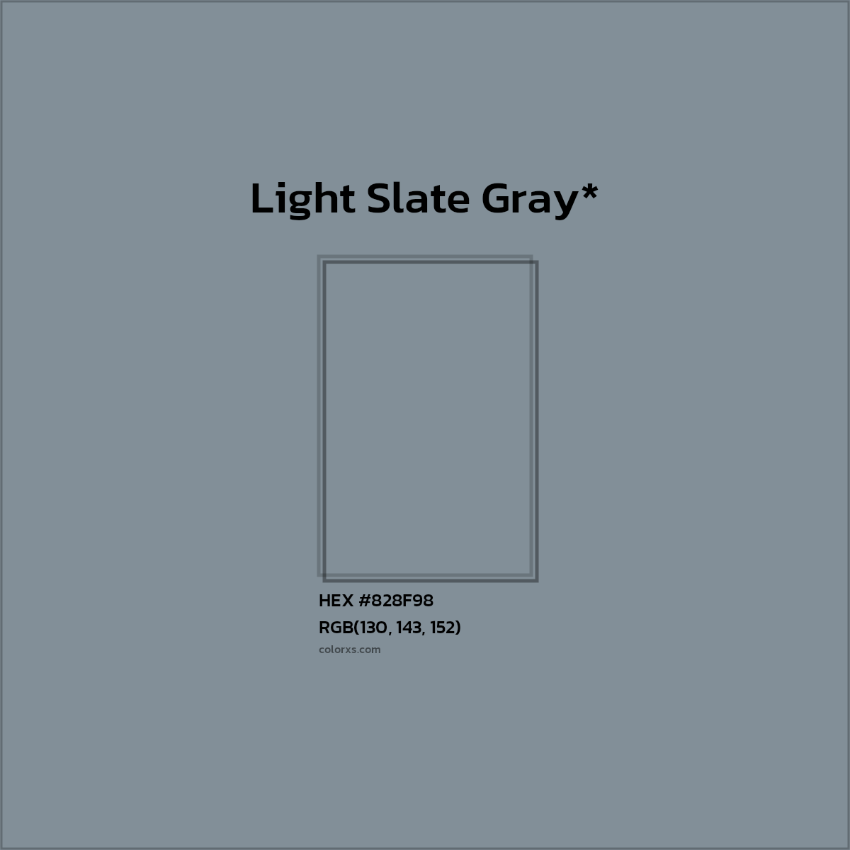 #828F98 hex color. RGB, RYB, CMYK, HSL, HSV codes and color conversions. Matching color names, palettes, paints.