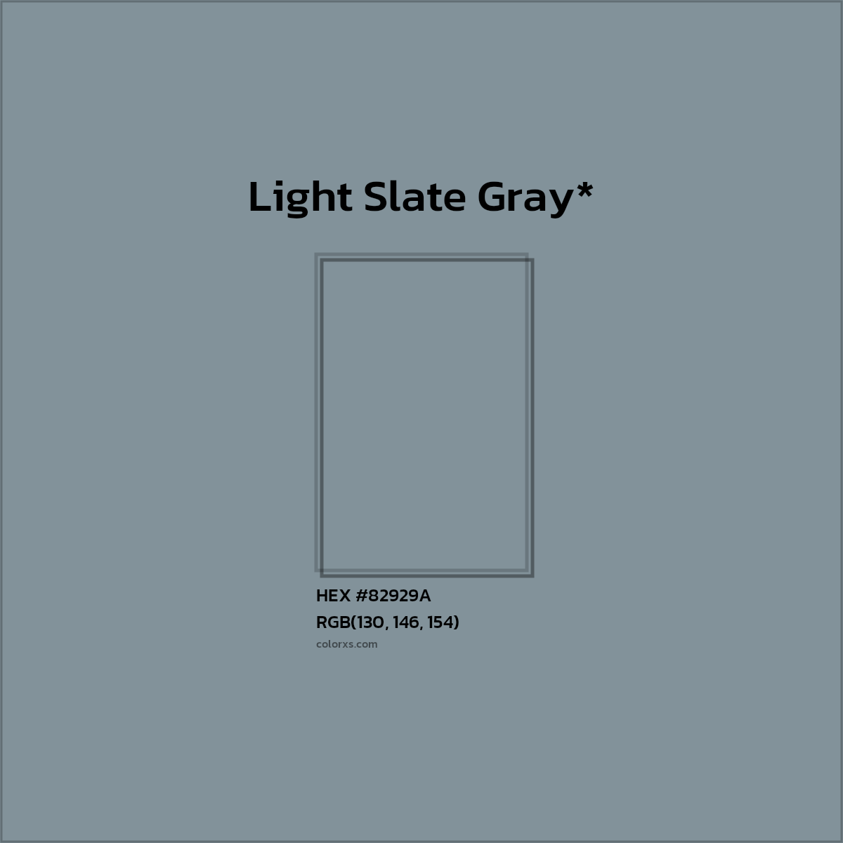 #82929A hex color. RGB, RYB, CMYK, HSL, HSV codes and color conversions. Matching color names, palettes, paints.