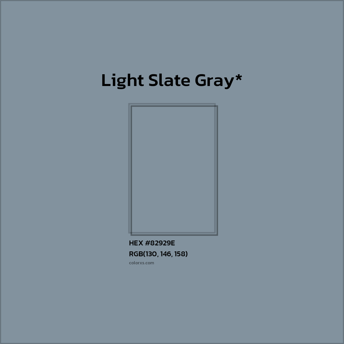 #82929E hex color. RGB, RYB, CMYK, HSL, HSV codes and color conversions. Matching color names, palettes, paints.