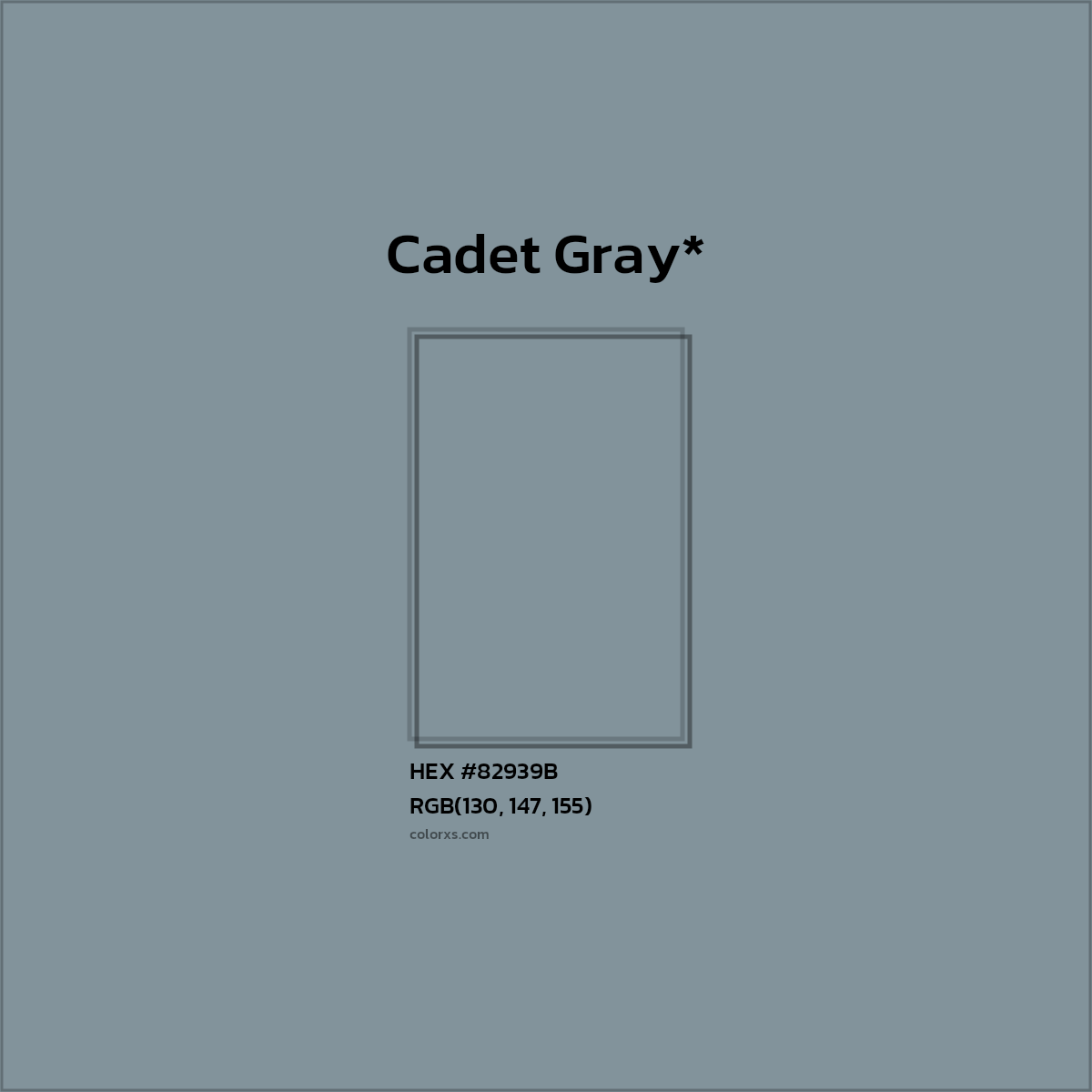 #82939B hex color. RGB, RYB, CMYK, HSL, HSV codes and color conversions. Matching color names, palettes, paints.