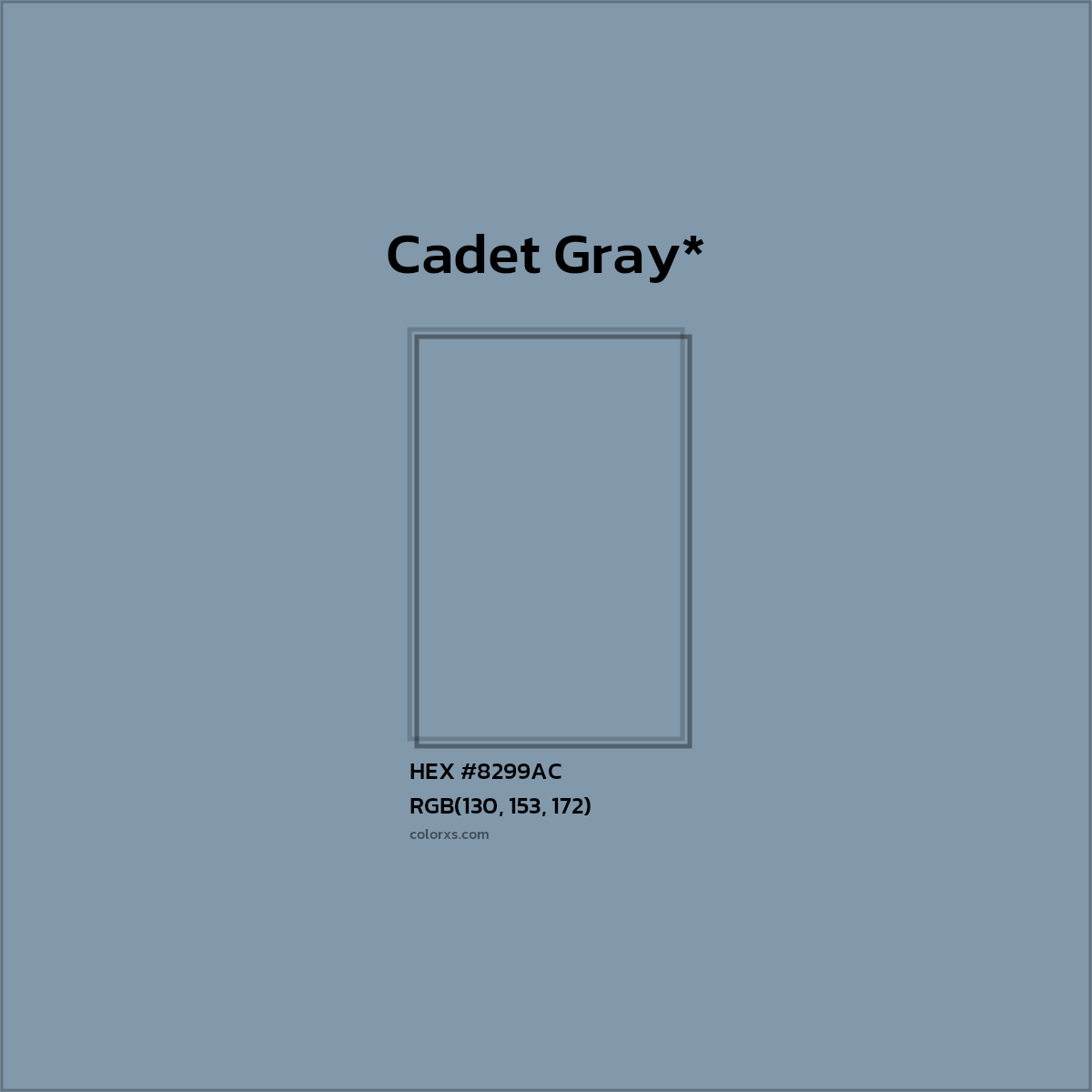 #8299AC hex color. RGB, RYB, CMYK, HSL, HSV codes and color conversions. Matching color names, palettes, paints.