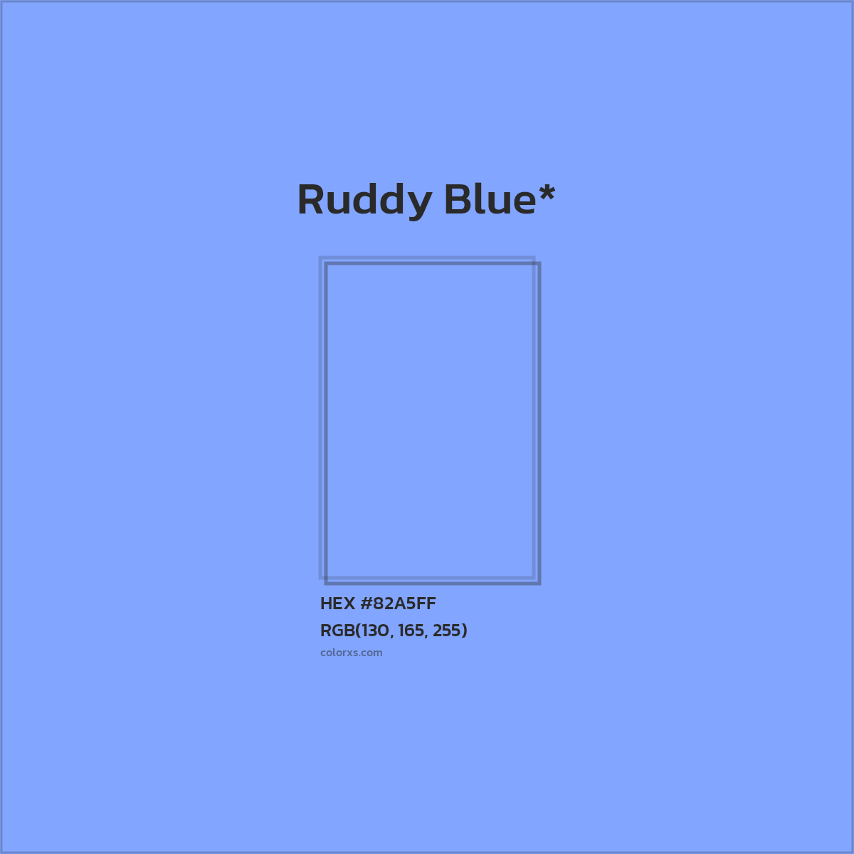 #82A5FF hex color. RGB, RYB, CMYK, HSL, HSV codes and color conversions. Matching color names, palettes, paints.
