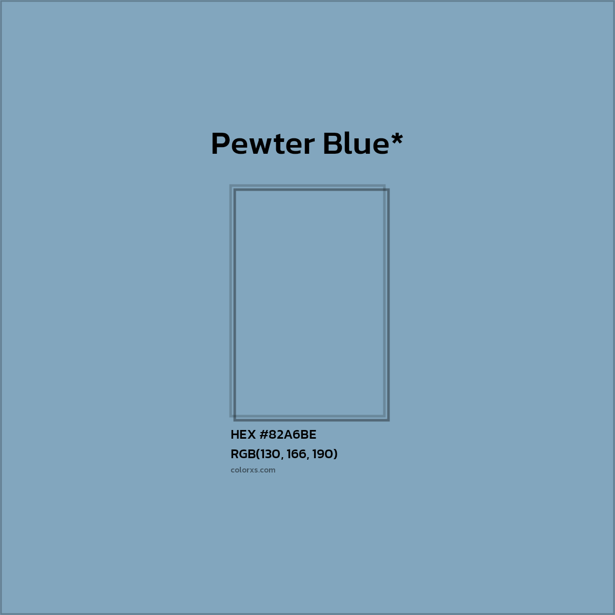 #82A6BE hex color. RGB, RYB, CMYK, HSL, HSV codes and color conversions. Matching color names, palettes, paints.