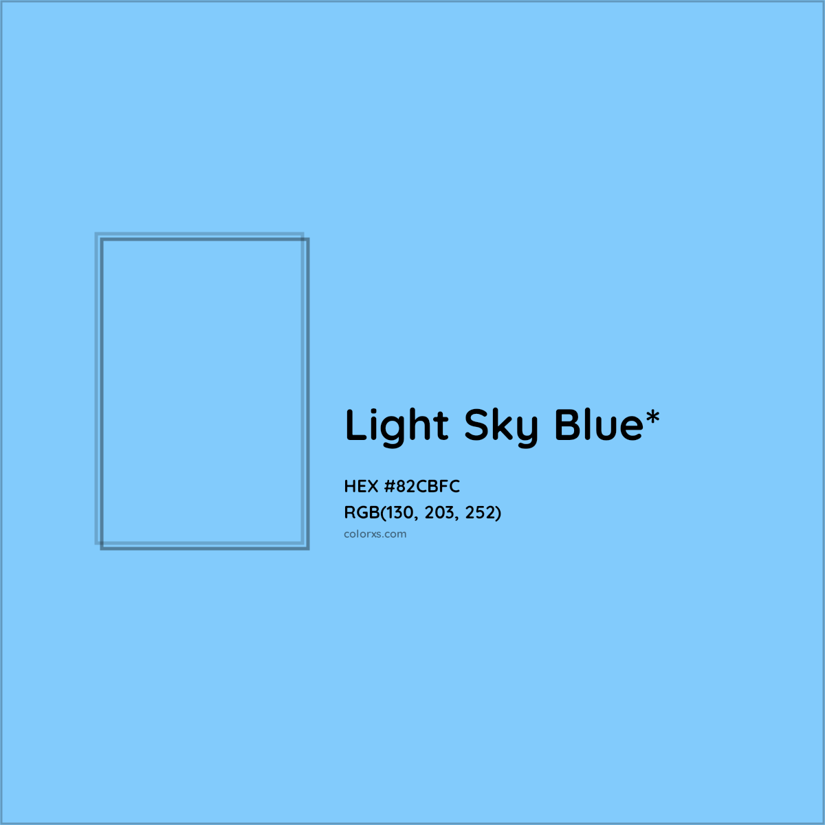 #82CBFC hex color. RGB, RYB, CMYK, HSL, HSV codes and color conversions. Matching color names, palettes, paints.