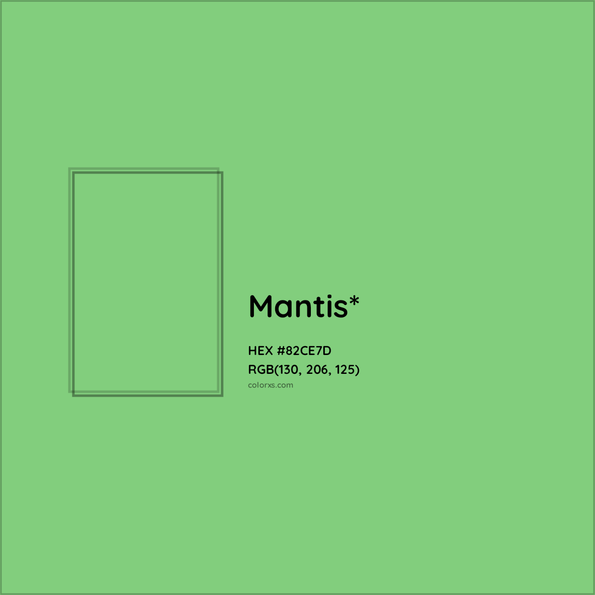 #82CE7D hex color. RGB, RYB, CMYK, HSL, HSV codes and color conversions. Matching color names, palettes, paints.