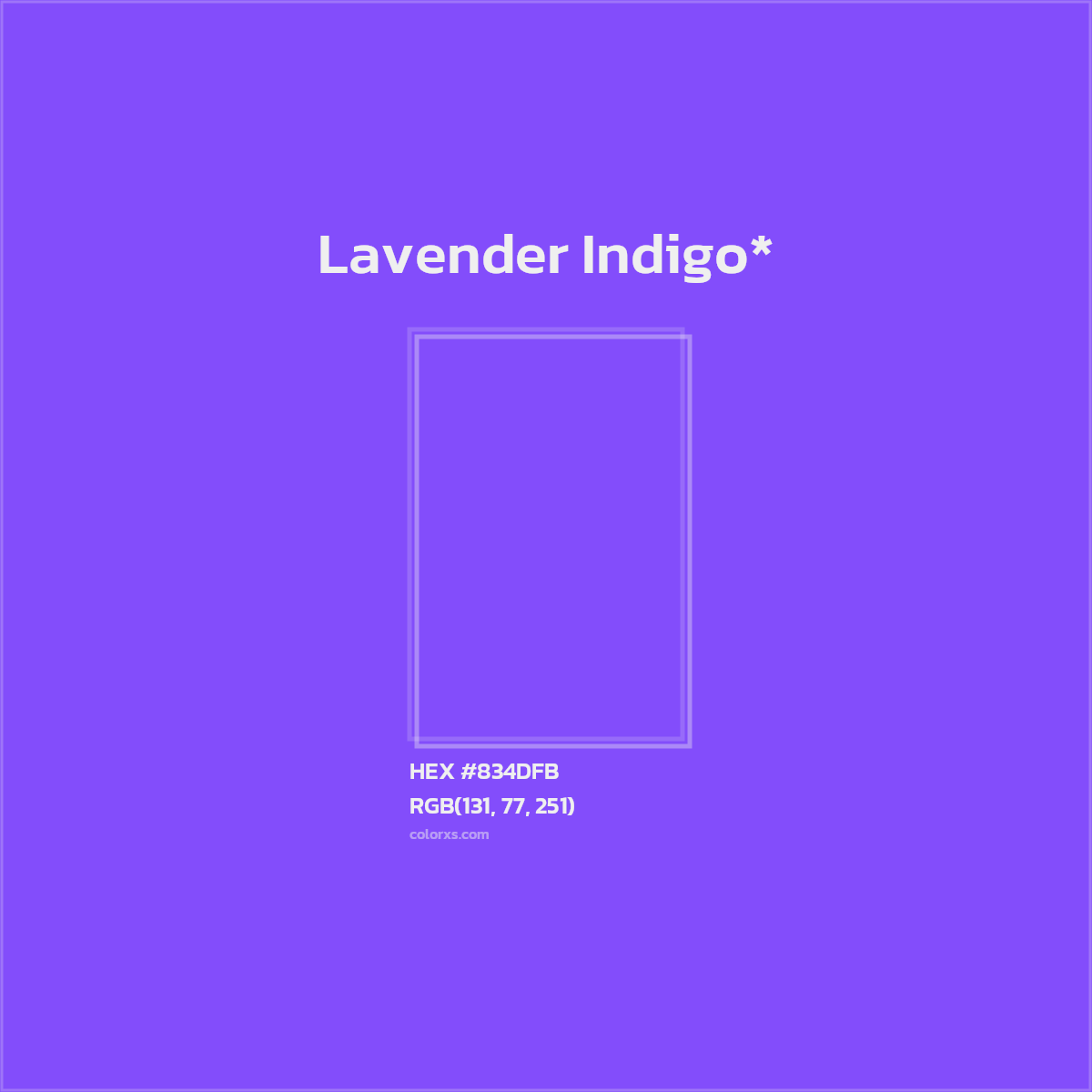#834DFB hex color. RGB, RYB, CMYK, HSL, HSV codes and color conversions. Matching color names, palettes, paints.