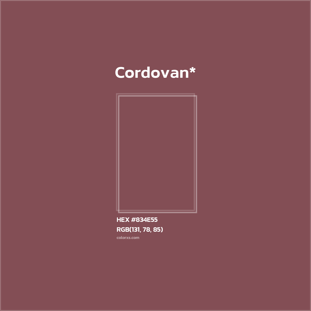 #834E55 hex color. RGB, RYB, CMYK, HSL, HSV codes and color conversions. Matching color names, palettes, paints.