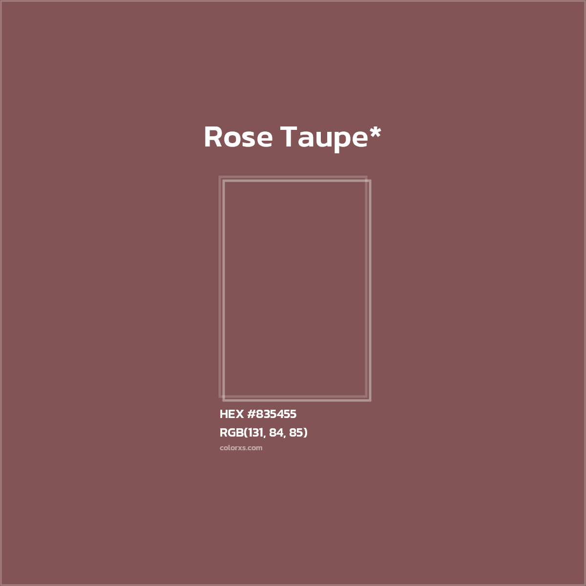 #835455 hex color. RGB, RYB, CMYK, HSL, HSV codes and color conversions. Matching color names, palettes, paints.