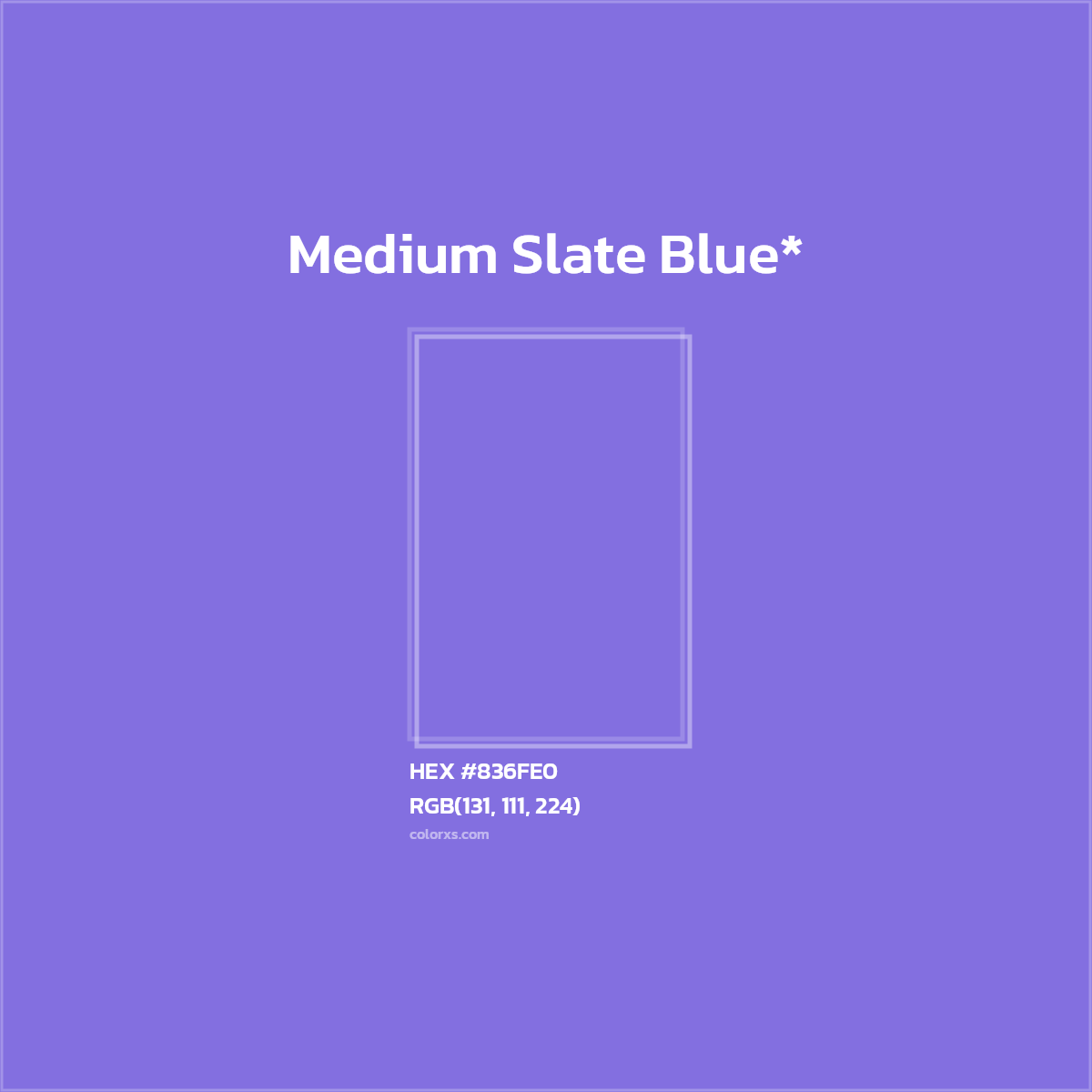 #836FE0 hex color. RGB, RYB, CMYK, HSL, HSV codes and color conversions. Matching color names, palettes, paints.