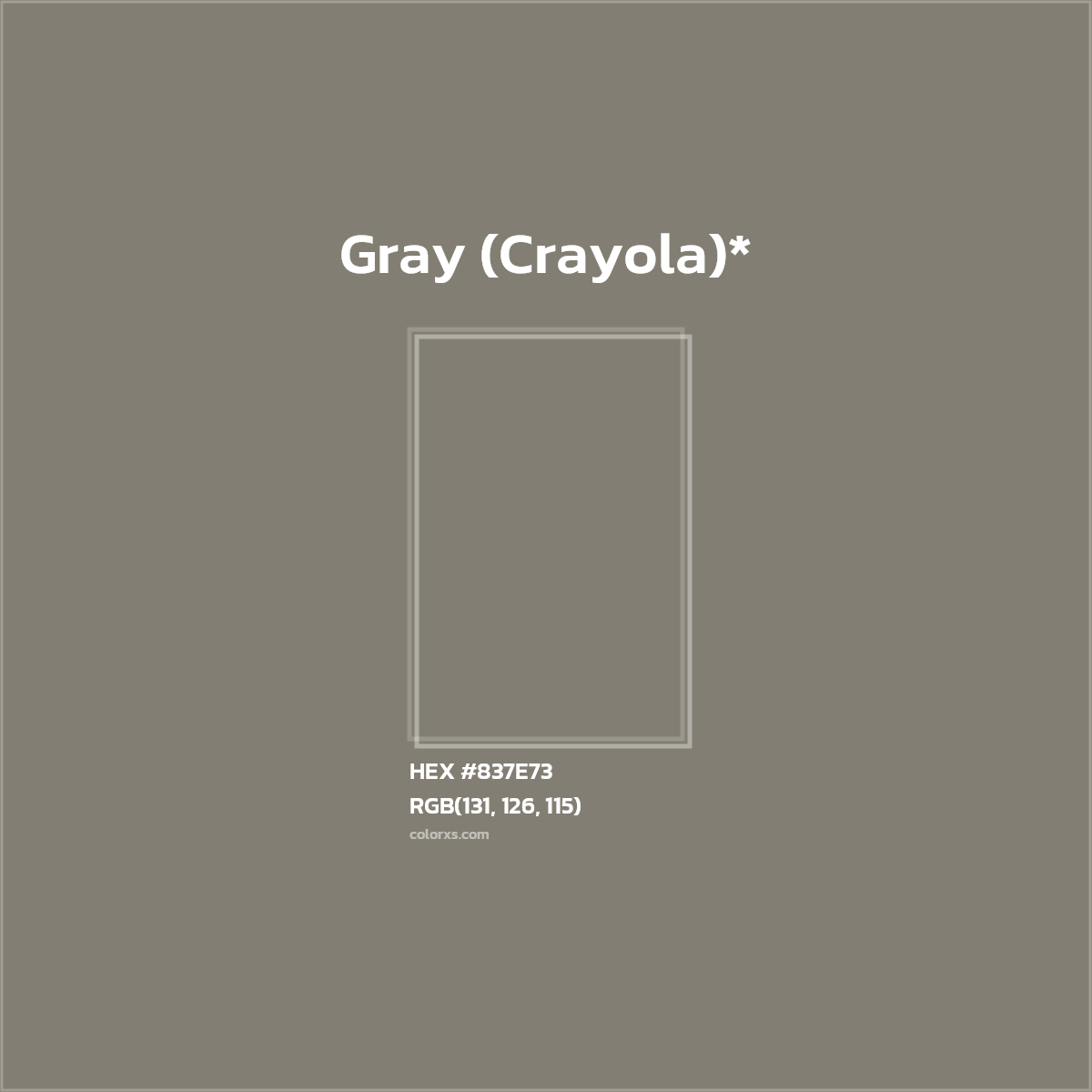 #837E73 hex color. RGB, RYB, CMYK, HSL, HSV codes and color conversions. Matching color names, palettes, paints.
