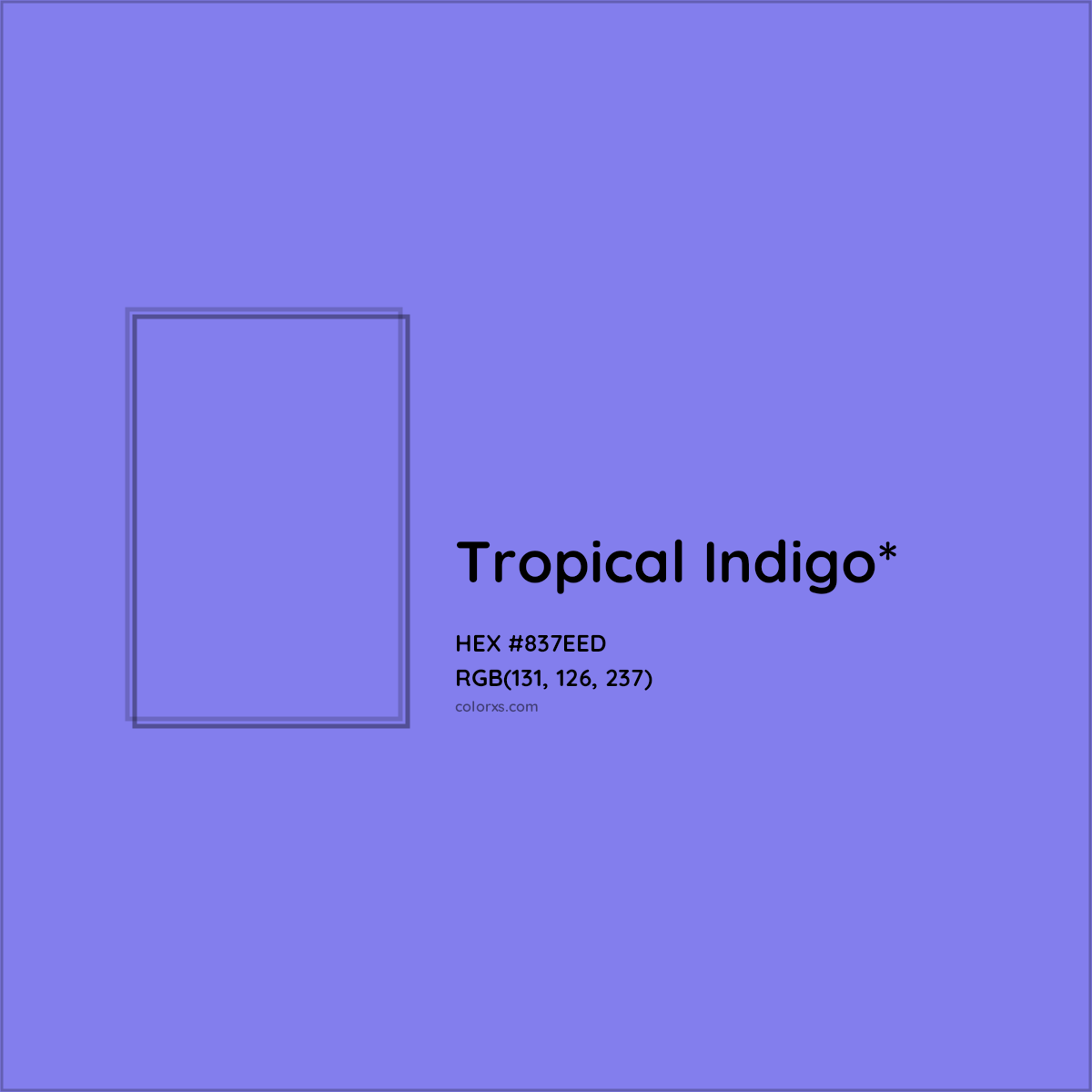 #837EED hex color. RGB, RYB, CMYK, HSL, HSV codes and color conversions. Matching color names, palettes, paints.