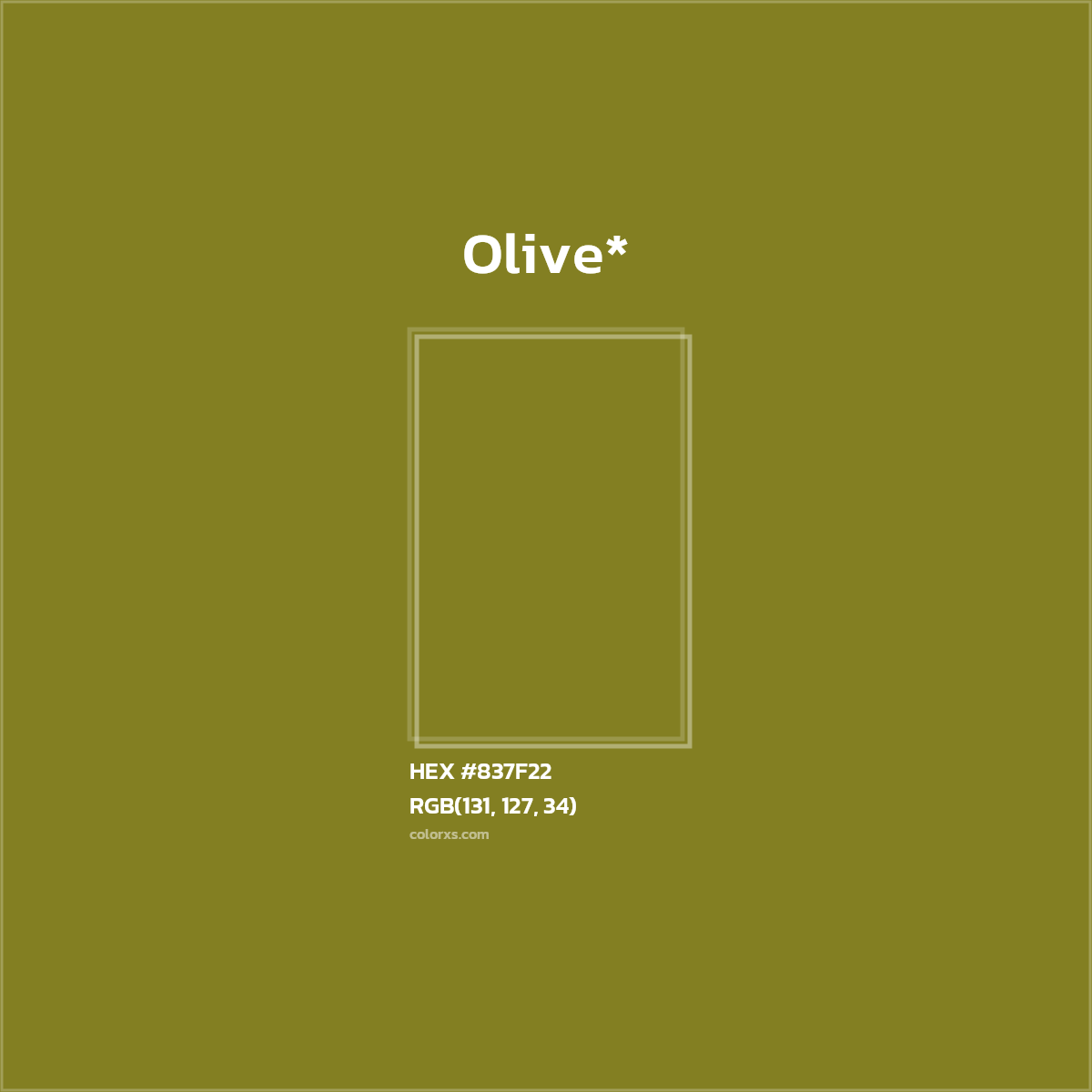 #837F22 hex color. RGB, RYB, CMYK, HSL, HSV codes and color conversions. Matching color names, palettes, paints.