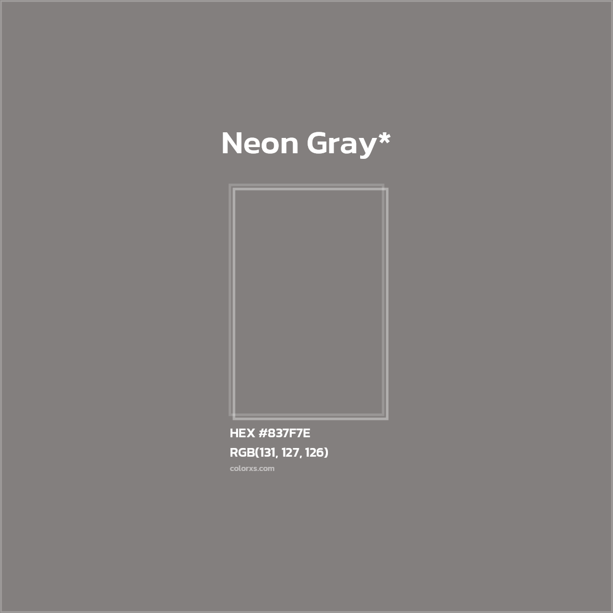 #837F7E hex color. RGB, RYB, CMYK, HSL, HSV codes and color conversions. Matching color names, palettes, paints.