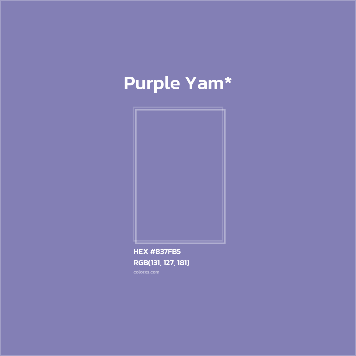 #837FB5 hex color. RGB, RYB, CMYK, HSL, HSV codes and color conversions. Matching color names, palettes, paints.