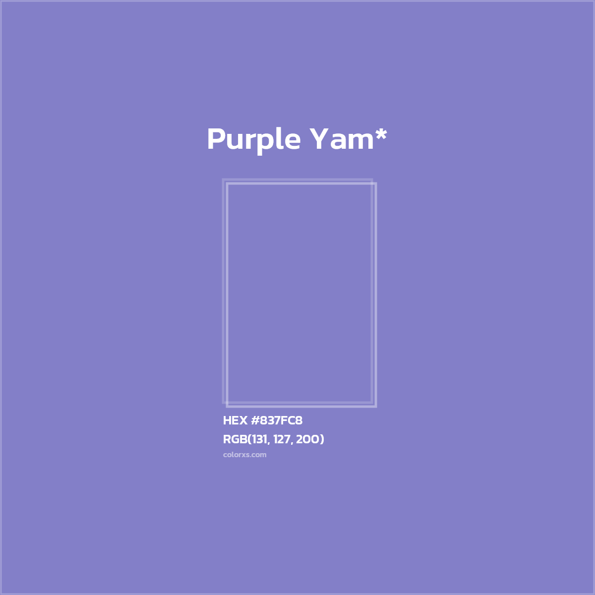 #837FC8 hex color. RGB, RYB, CMYK, HSL, HSV codes and color conversions. Matching color names, palettes, paints.