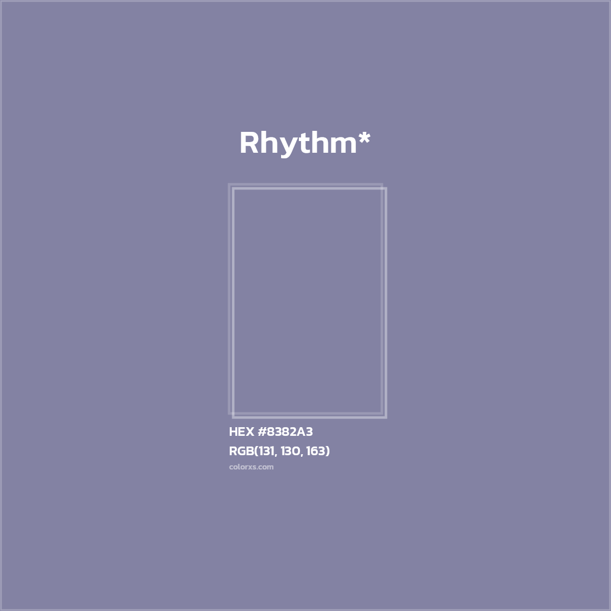 #8382A3 hex color. RGB, RYB, CMYK, HSL, HSV codes and color conversions. Matching color names, palettes, paints.