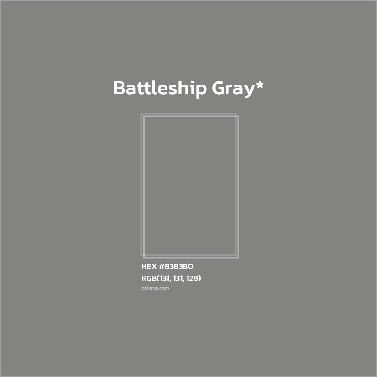 #838380 hex color. RGB, RYB, CMYK, HSL, HSV codes and color conversions. Matching color names, palettes, paints.